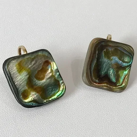 Vintage Abalone Shell Square Abstract Modernist Clip On Earrings Gold Tone - Picture 5 of 9